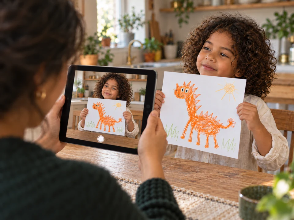 A parent photographs a child holding up her orange crayon giraffe drawing with an iPad.