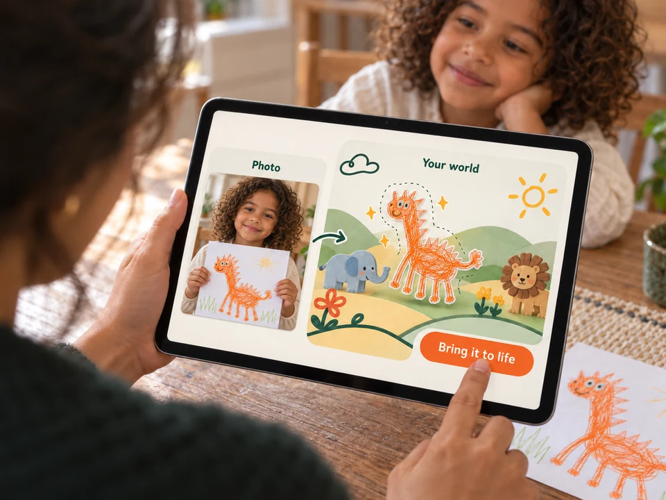 Over Mom’s shoulder, an iPad shows the photo becoming a cutout in the zoo as she taps Bring it to life