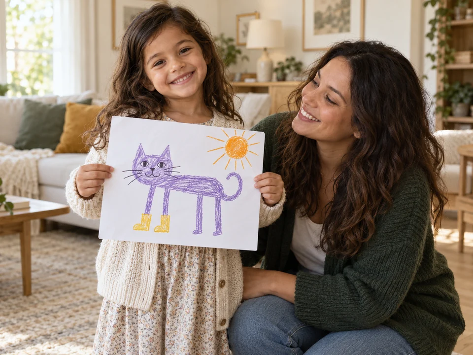 A six-year-old proudly holding a purple cat drawing beside her smiling mother